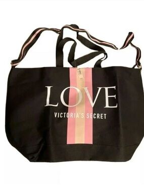 Victoria's Secret Black Tote with Pink and Cream Stripes